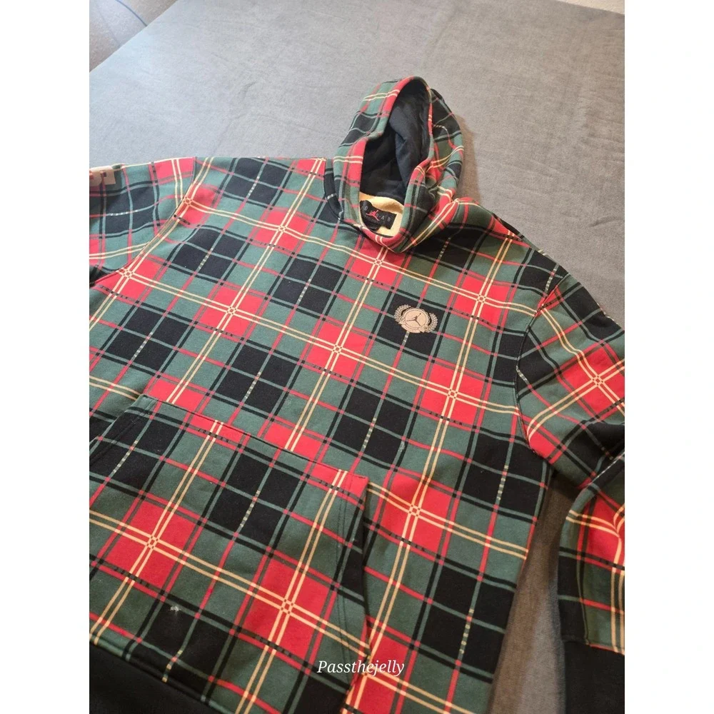 NIKE Jordan Essentials Fleece Pullover Hoodie Men XL Green Red Plaid '85 Jumpman